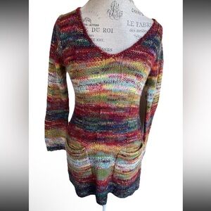 Vintage Y2K Rainbow Striped Tunic Sweater M V Neck Hippie Indie Core
